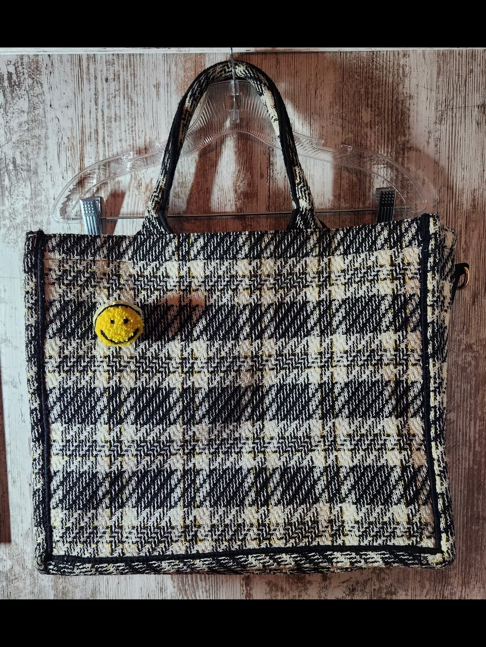 Black, Cream & Yellow Tweed Plaid Check Work Office Tote With Smiley Face